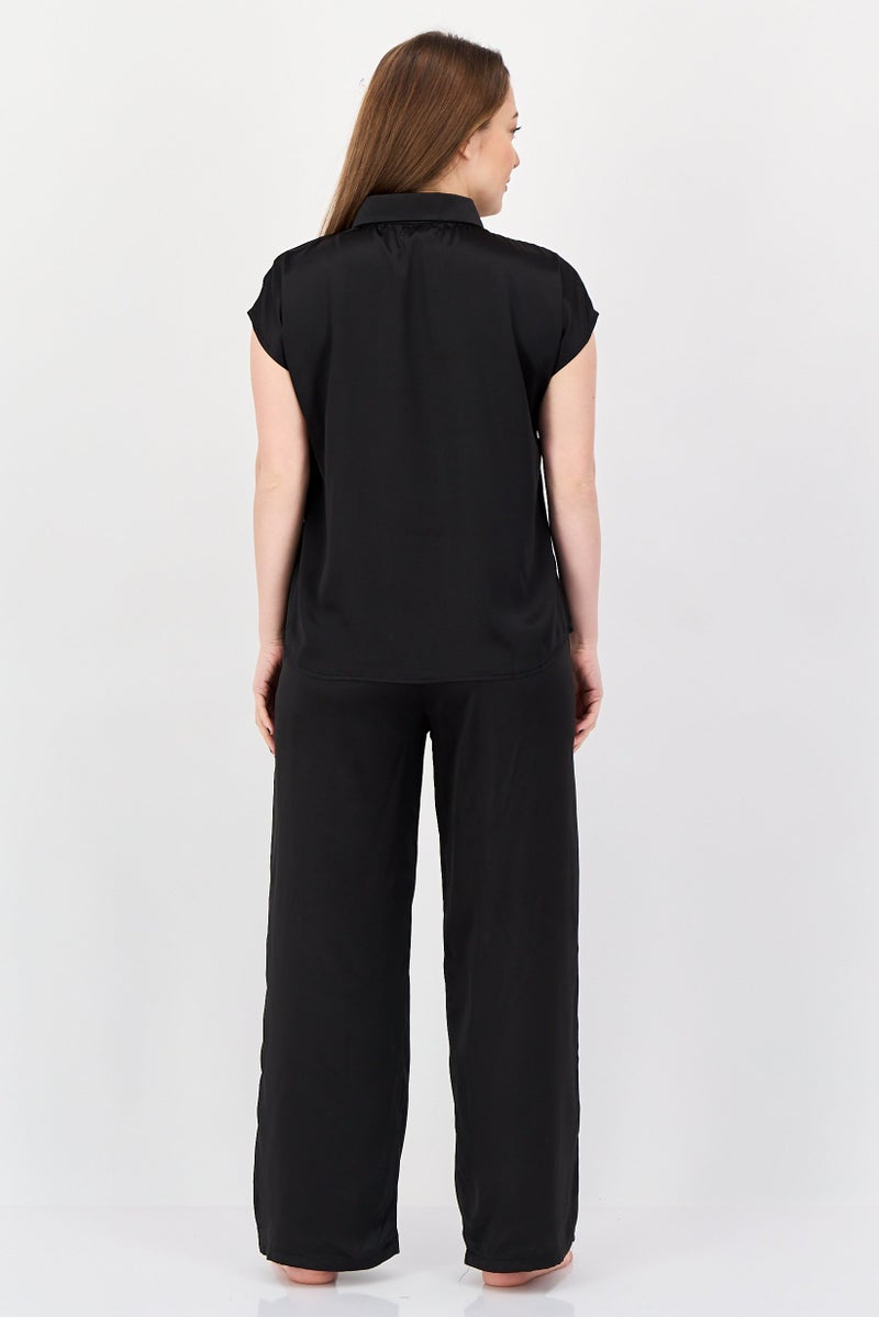 NINE WEST Women 2 Pieces Plain Top And Pants Pyjama Set, Black - Image 2